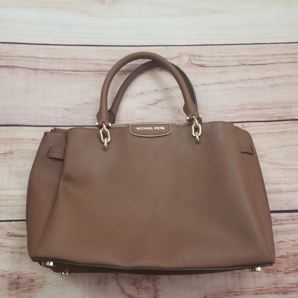 Michael Kors Rochelle Satchel Womens Large Brown Leather Tote Handbag Purse Bag
